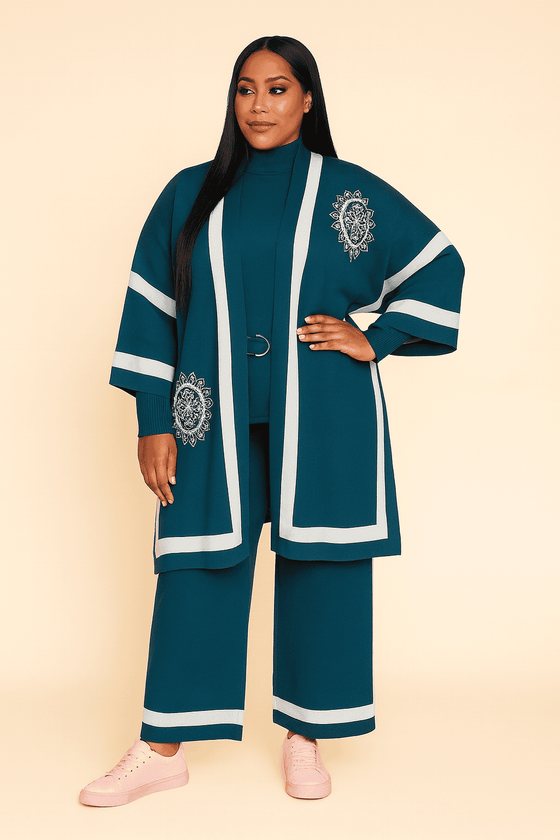 Royal Teal Embroidered Knit 3-Piece Set