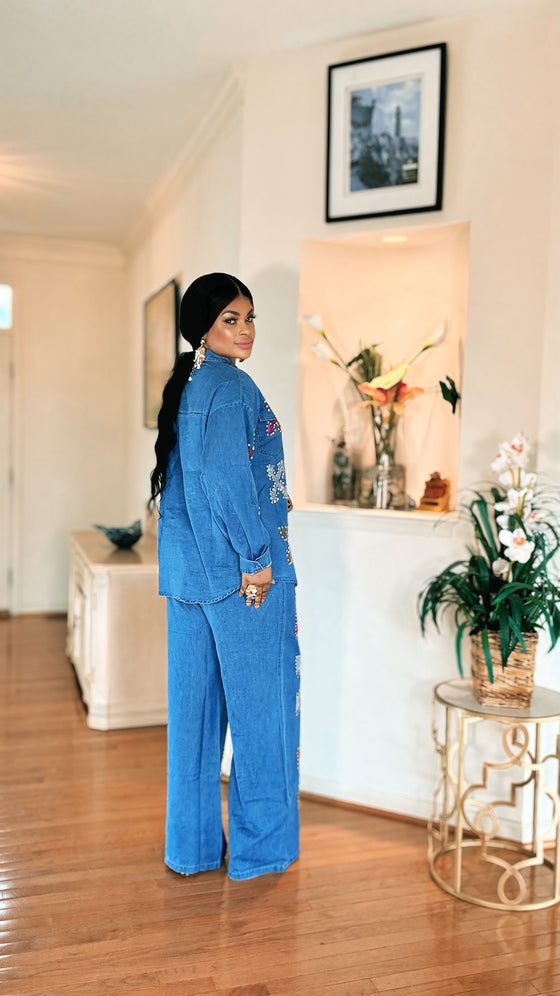 Power X Rhinestone Denim Set(LT Blue)