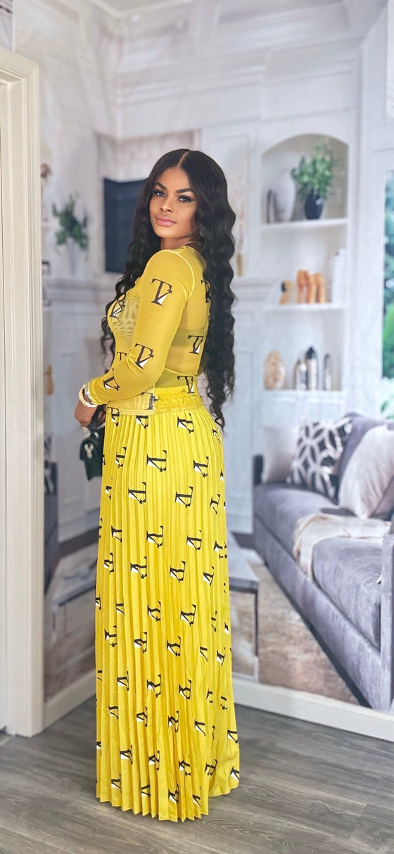 Mustard 2-Piece Pleated Skirt & Sheer Blouse Set