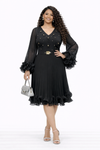 Regal Petal Long-Sleeve Midi Dress(Black)