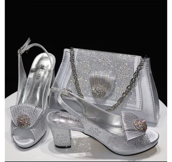 Crystal Italian shoe style   Silver Shoe & Bag Set