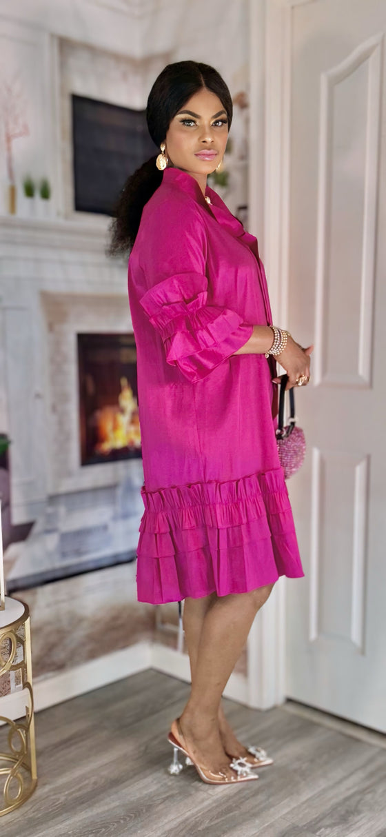 SHORT SLEEVE RUCHED MIDI DRESS(MAGENTA)