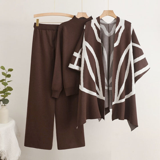 Premium Knit 2-Piece Sweater Set with Printed Shawl.