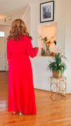 RHINESTONE BELTED LONG-SLEEVE MAXI DRESS (RED)