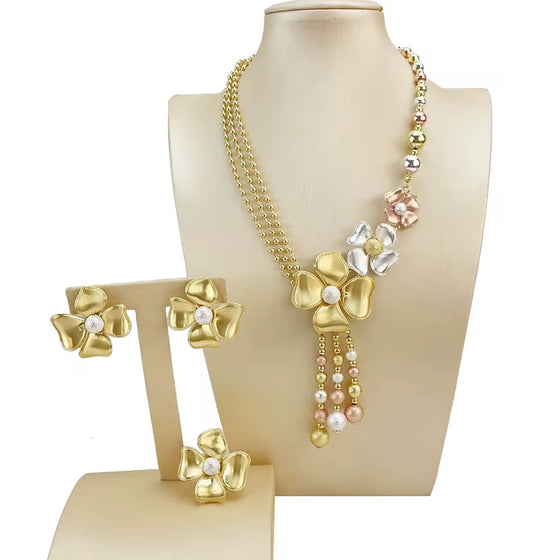 24K THREE TONE FLOWER GOLD JEWELRY SET