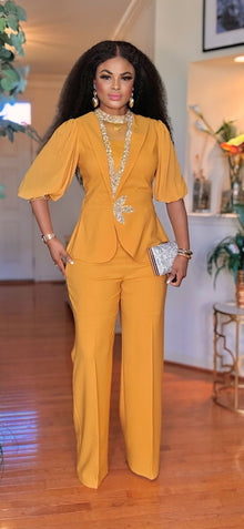  SHORTSLEEVED RHINESTONE PALAZZO PANT SET(MUSTARD)