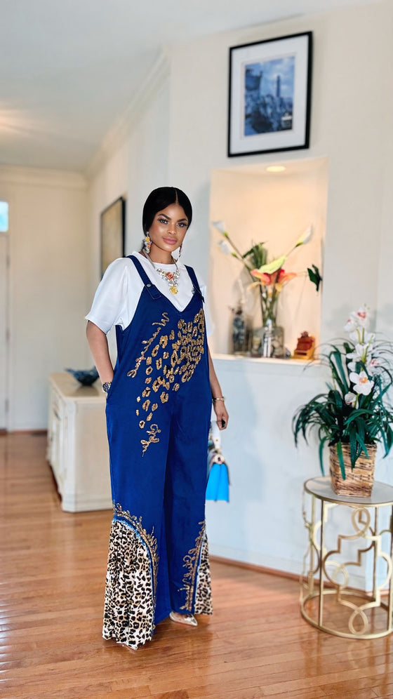 Wild Luxe Leopard Denim Jumpsuit Set(Blue-White)