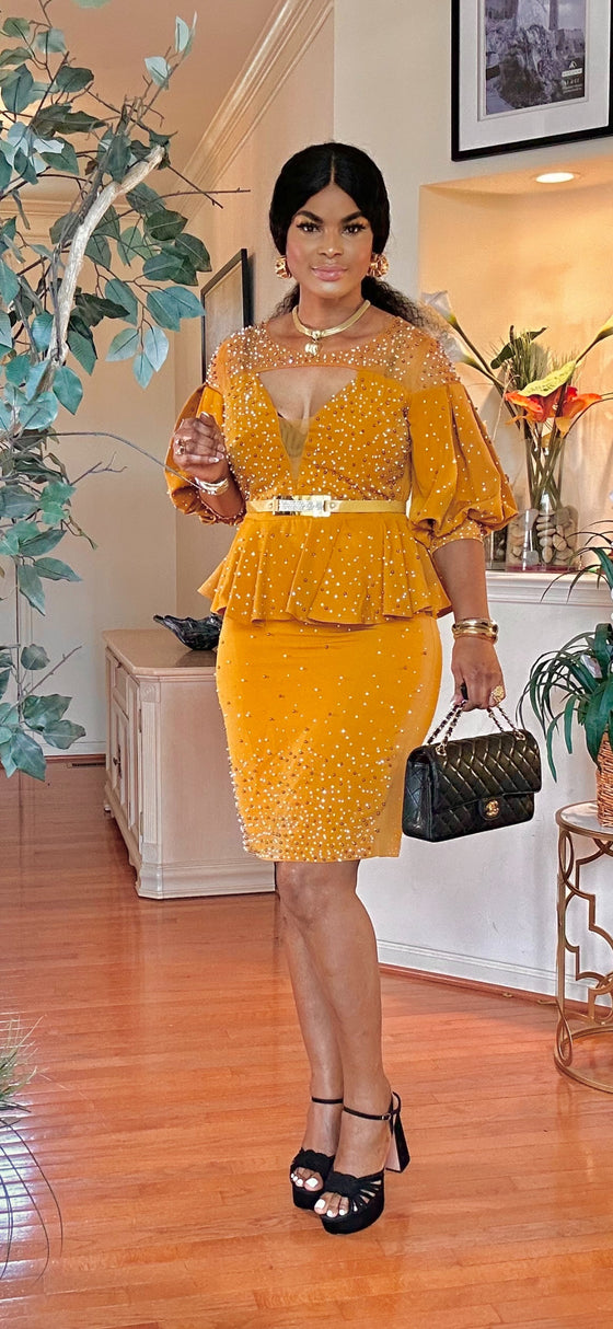 Beaded short sleeve midi dress(mustard)