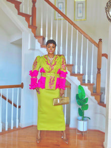  Lime & Fuchsia Rhinestone Couture Puff Sleeve Skirt Set