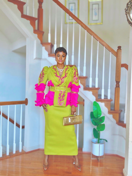 Lime & Fuchsia Rhinestone Couture Puff Sleeve Skirt Set