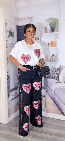  Pink Sequin Heart Denim 2piece Set