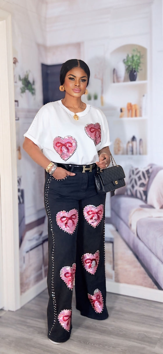Pink Sequin Heart Denim 2piece Set
