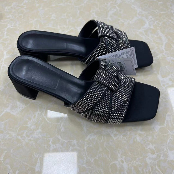 BLACK HEELED SLIDE SANDALS(BLACK)
