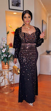 PUFFY/RHINESTONE SIDE SLIT MAXI DRESS(BLACK)