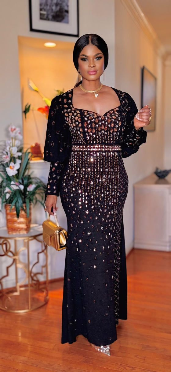 PUFFY/RHINESTONE SIDE SLIT MAXI DRESS(BLACK)