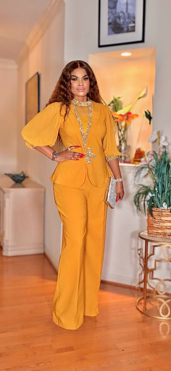 SHORTSLEEVED RHINESTONE PALAZZO PANT SET(MUSTARD)