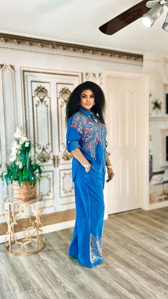 2 piece Crystal Pathway Denim pant Set(PREORDER)