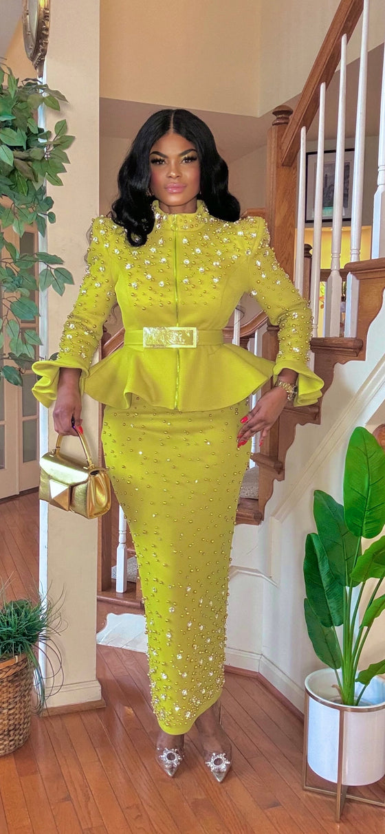 COUTURE FRONT ZIPPER RHINESTONE BLOUSE/SKIRT SET(LEMON)