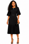 Pleated Elegance Midi Dress(Black)