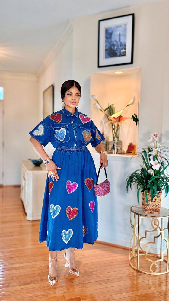 Heart of Glam Rhinestone Denim Skirt Set(LT Blue)