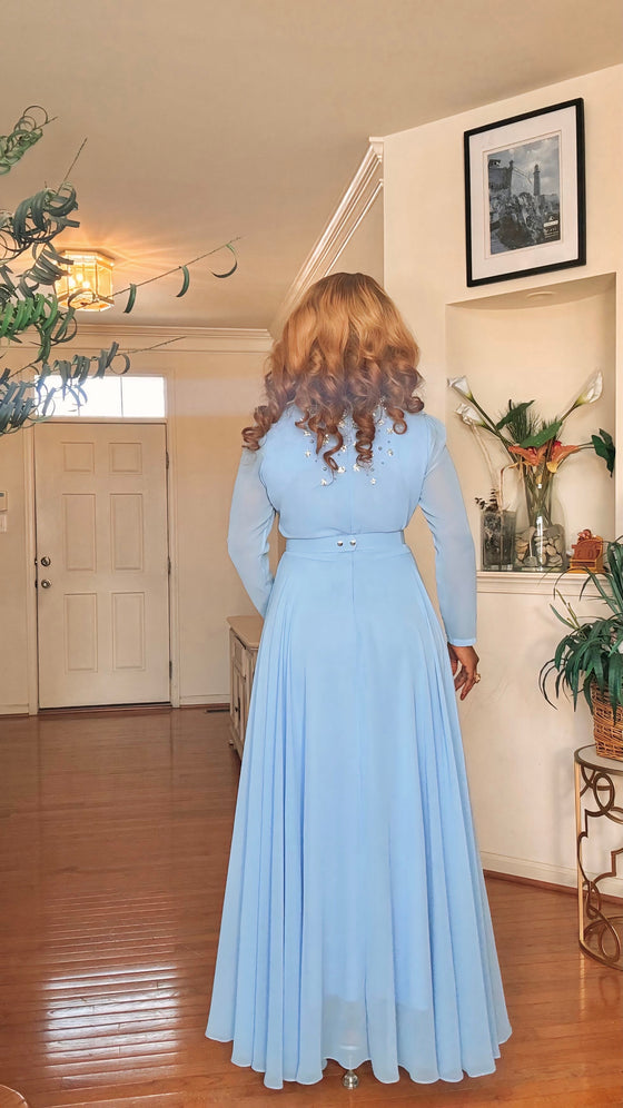 DRAPED BELTED LONGSLEEVE MAXI DRESS(POWDER BLUE)