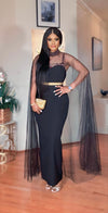 BEADED CAPE- BELTED MAXI DRESS(BLACK)