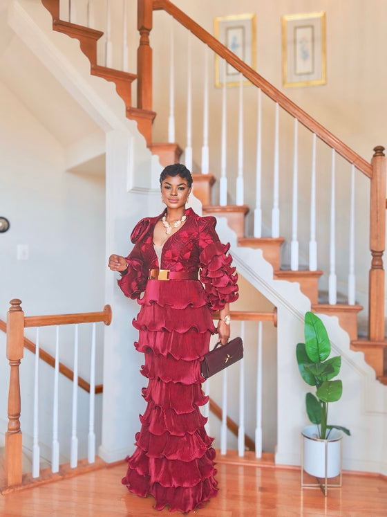 Burgundy Royal Ruffle Couture Gown