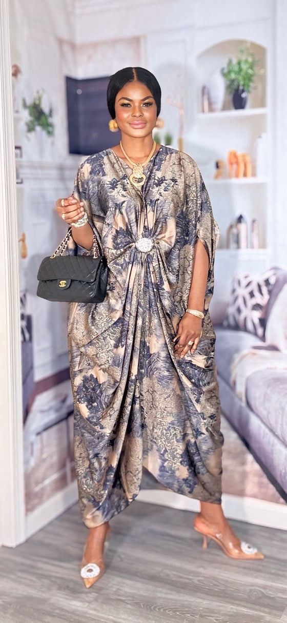 Imperial Luxe Satin Kaftan Dress(Deep blue/gold)