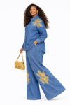 Golden Petal Luxe Denim Palazzo Set