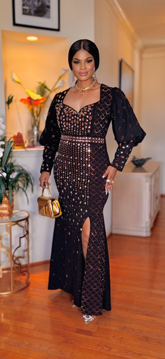 PUFFY/RHINESTONE SIDE SLIT MAXI DRESS(BLACK)