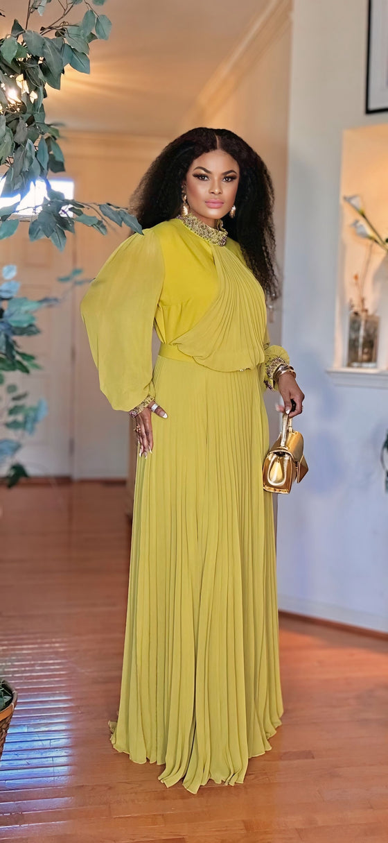 Belted Longsleeve pleated maxi dress(LEMON)