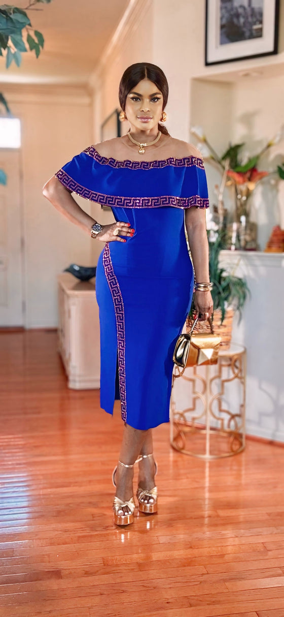 Rhinestone short sleeve midi dress(blue)