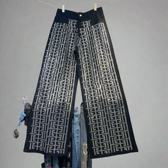Crystal/ Rhinestone Wide-Leg Denim(Bottom)