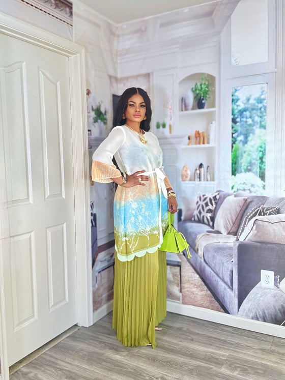 Luxury Gradient MIYAKI 2-Piece Pleated Set(Lemon)