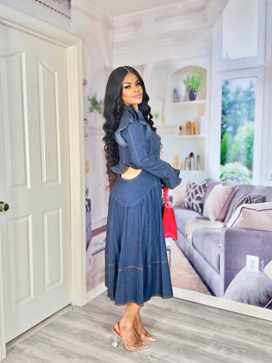 Structured Ruffle Denim Midi Dress