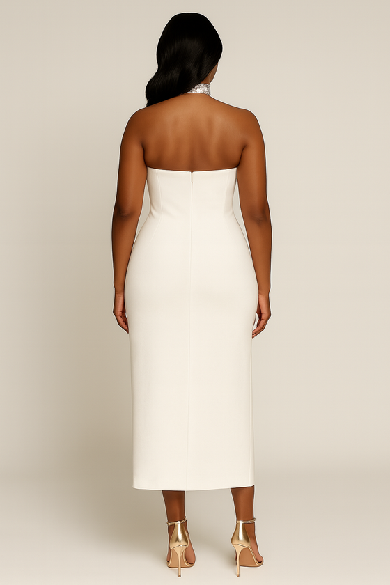 Crystal Glam Strapless Bodycon Dress(White)