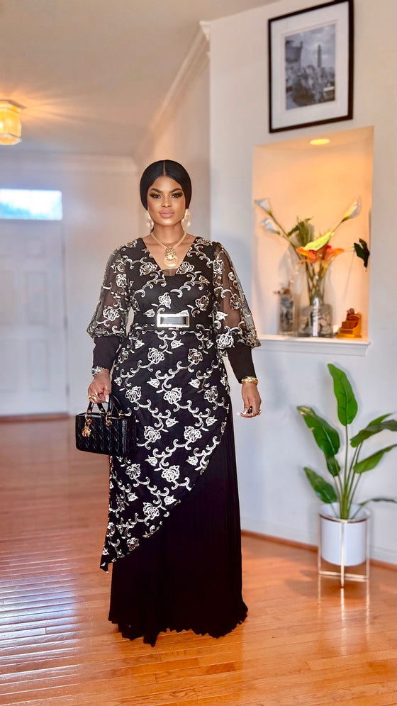 Black Lace Overlay & Pleated Maxi Dress 🖤✨