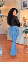 2PCS Rhinestone Top-Denim pant set(BLACK/GRAY)