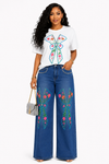 Floral Bow Rhinestone Denim Pant Set