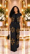 Golden Blossom Rhinestone Denim Set – Black