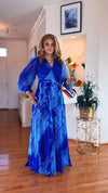 RUCHED-BELTED LONG-SLEEVE MAXI DRESS(BLUE)