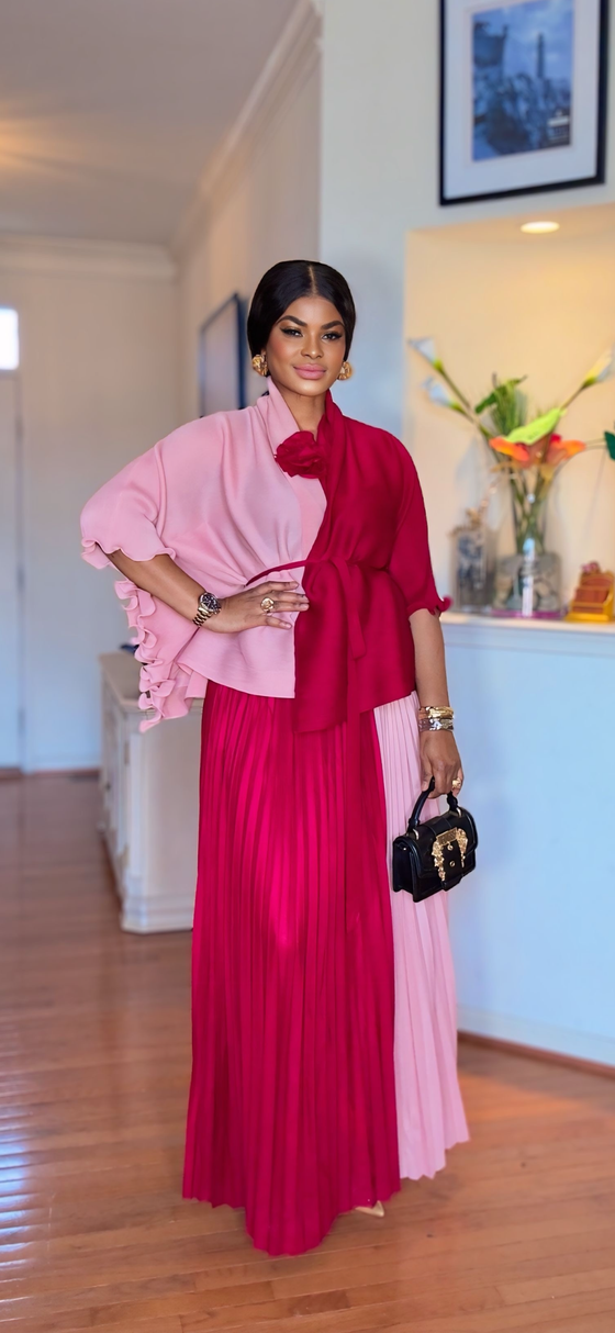 Two-Tone Rose MIYAKI Pleated Skirt Set(Pink-Wine)