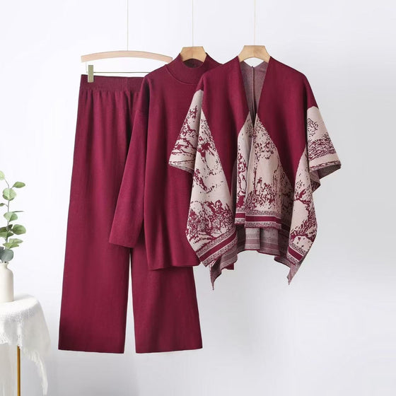 Luxury Knit 3-Piece Set with Printed Cape