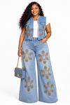 Golden Blossom Rhinestone Denim Set – Light Wash