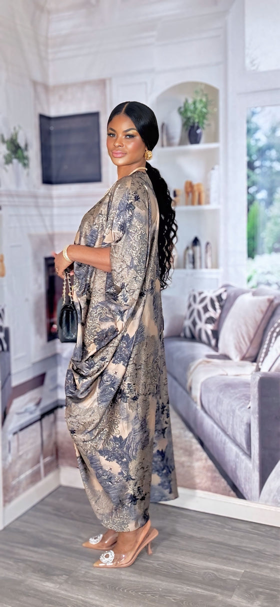 Imperial Luxe Satin Kaftan Dress(Deep blue/gold)