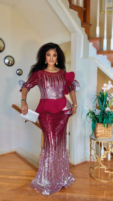  COUTURE SEQUINS PEPLUM FLOOR LENGTH MAXI DRESS(BURGUNDY)