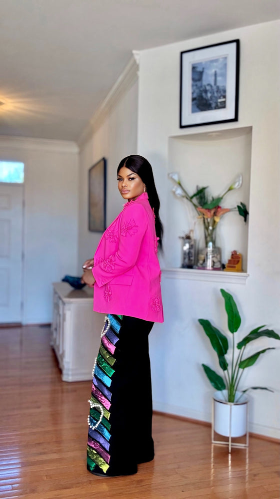 Bold Pink 3D Floral Embellished Blazer Jacket(PREORDER ONLY)