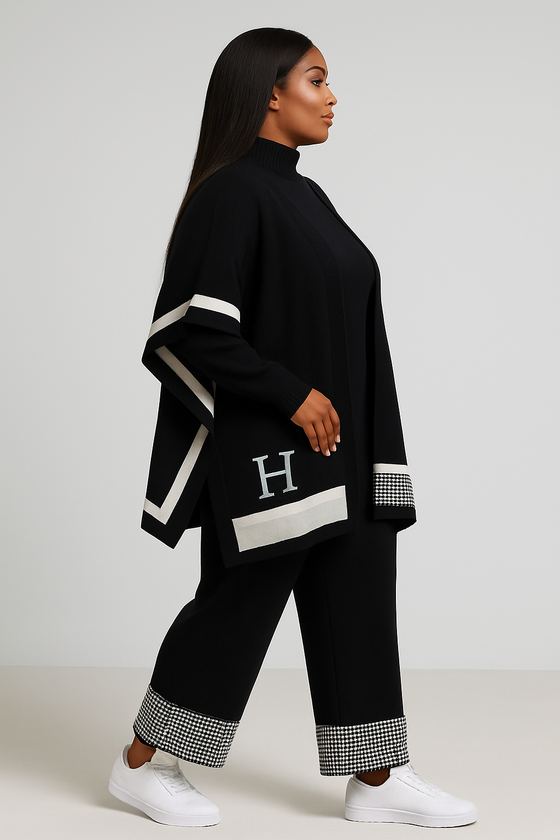 Black & White Houndstooth Trim Knit 3-Piece Sweater Set