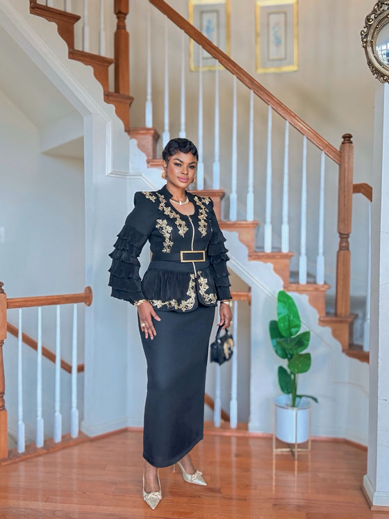 Black Royal Gold Embroidery Peplum Skirt Set