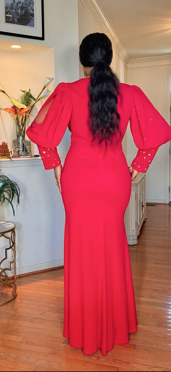 RHINESTONE PUFFY SLEEVES SIDE SLIT MAXI DRESS(RED)